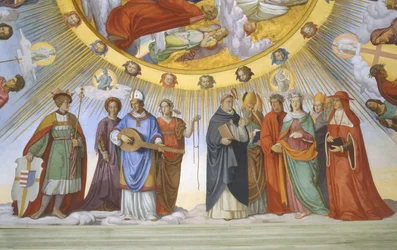 ダンテの部屋のヴォールト、詳細：ダンテ、ベアトリス、コンスタンス皇后、ヴィラノヴァのクラリッサピカルダロメオ、ユスティニアヌス帝